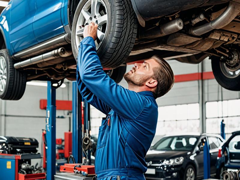 Professional mechanic working on exhaust system